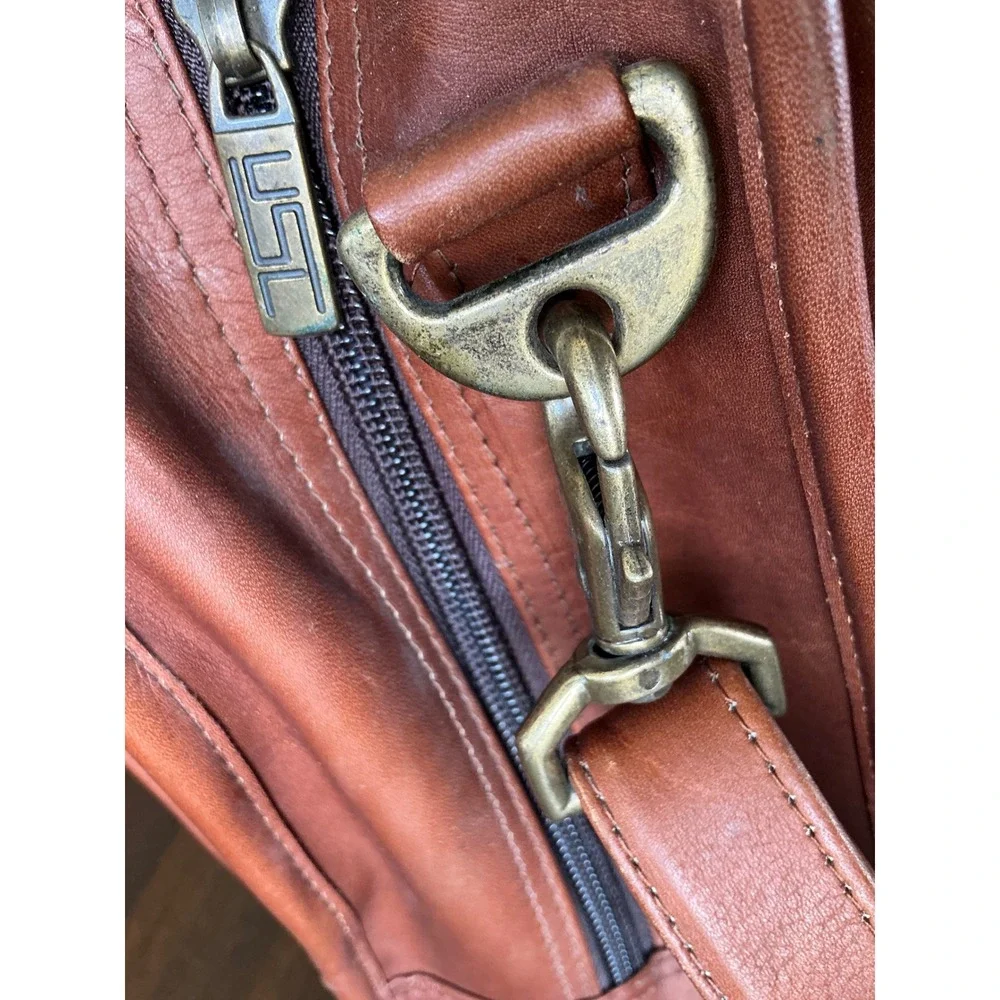 USL Vintage Leather Briefcase Messenger Bag Cognac Brown Multi Pocket Laptop Bag